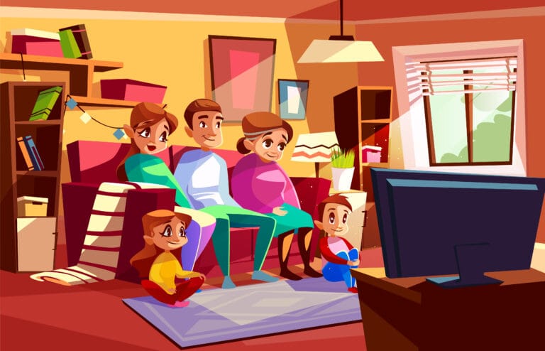 "Illustration of a happy family sitting together in a cozy living room, watching TV. The family includes two adults, two children, and an elderly woman, all smiling and enjoying their time together. The room is warmly decorated with bookshelves, potted plants, and a window letting in natural light."