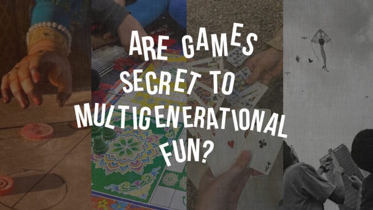 An image with a playful design featuring different board games and video game controllers. The text asks, 'Are games the secret to multigenerational fun?', highlighting the potential of games to bring different age groups together.