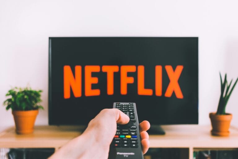 A close-up of a hand holding a remote control, pointing at a TV screen displaying the Netflix logo. The image represents the experience of watching TV shows and web series, highlighting the convenience and accessibility of streaming platforms for enjoying entertainment.