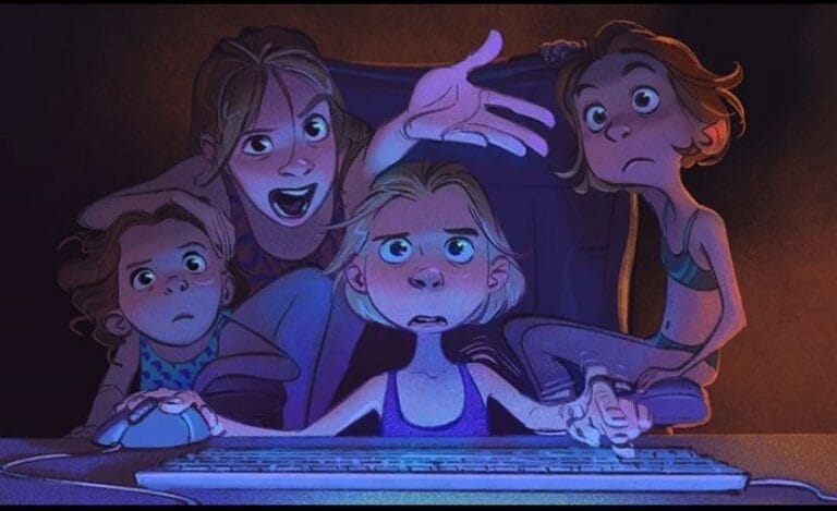 An animated illustration of four children gathered around a computer screen, intently focused on what's happening. One child is seated in front, using a keyboard and mouse with a serious expression, while the others crowd around, each displaying different emotions ranging from surprise to excitement. The scene is lit by the glow of the monitor, highlighting their expressions and creating a sense of anticipation and engagement.