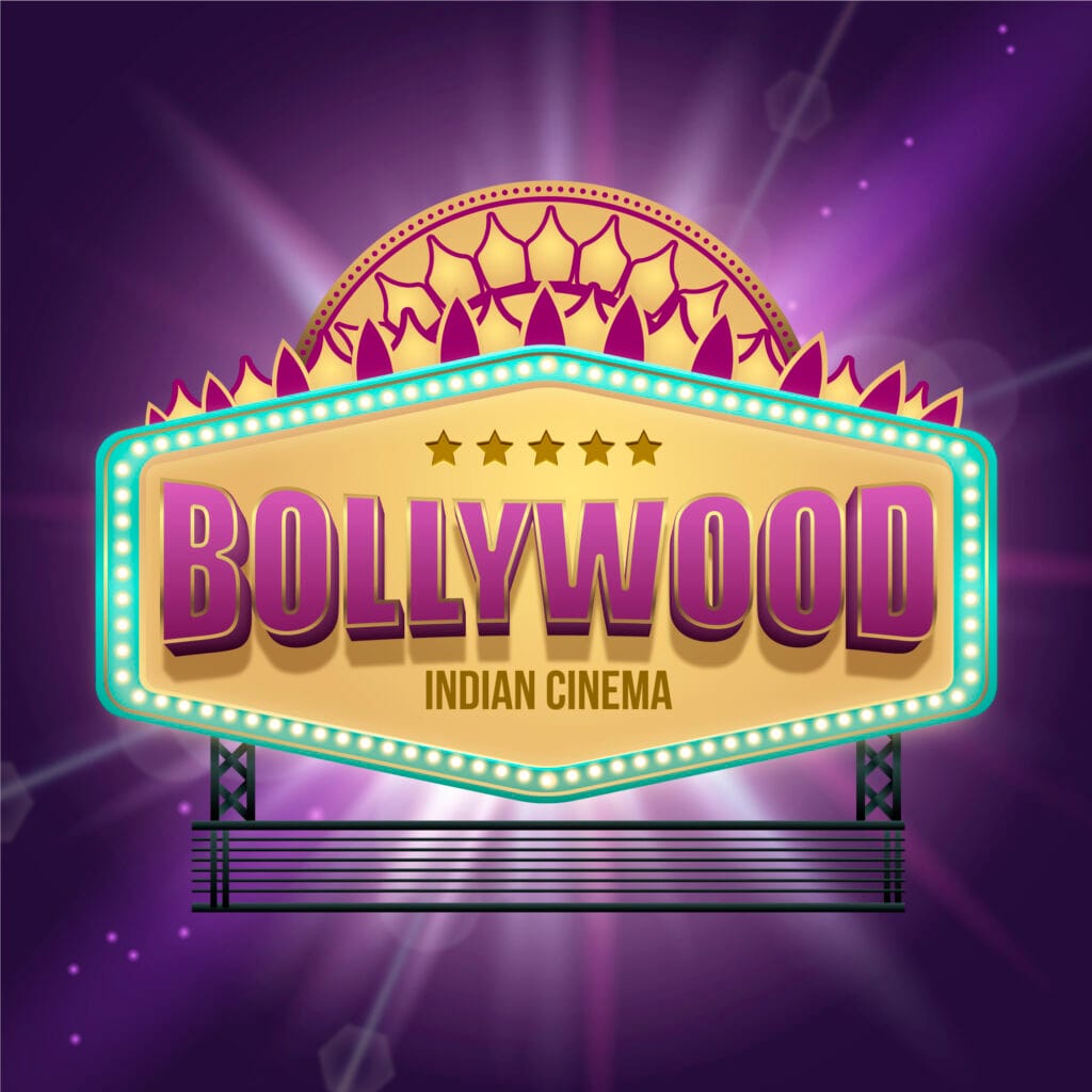 "Bollywood Indian Cinema" neon sign with a gold and purple color scheme, illuminated with bright lights, featuring a traditional Indian design element in the background, against a vibrant purple backdrop. The sign captures the glamour and excitement of Bollywood, making it a perfect visual representation for discussions on iconic Bollywood soundtracks and Indian cinema.