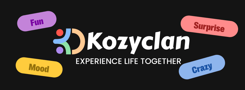 Kozyclan logo featuring colorful icons and the tagline "Experience Life Together." The image highlights four words representing the app's vibe: "Fun," "Mood," "Surprise," and "Crazy," set against a black background. The playful and vibrant design emphasizes Kozyclan's focus on social gaming and entertainment.