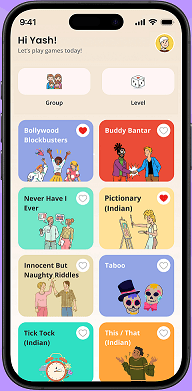 Kozyclan app interface displaying a variety of party games including Bollywood Blockbusters, Buddy Bantar, Never Have I Ever, Pictionary (Indian), Taboo, and more. The colorful, user-friendly layout invites players to choose from a wide selection of social games for game nights, with options suited for different group sizes and moods. Ideal for spicing up any gathering with fun, interactive games.