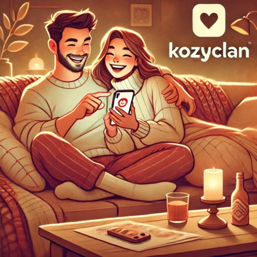 A cozy, inviting illustration of a couple sitting close on a comfortable couch, smiling and sharing a moment as they explore the Kozyclan app on a smartphone. The scene is warmly lit, with a candle and a drink on the coffee table, creating a relaxed, intimate atmosphere. The Kozyclan logo appears subtly in the corner, symbolizing connection and togetherness.