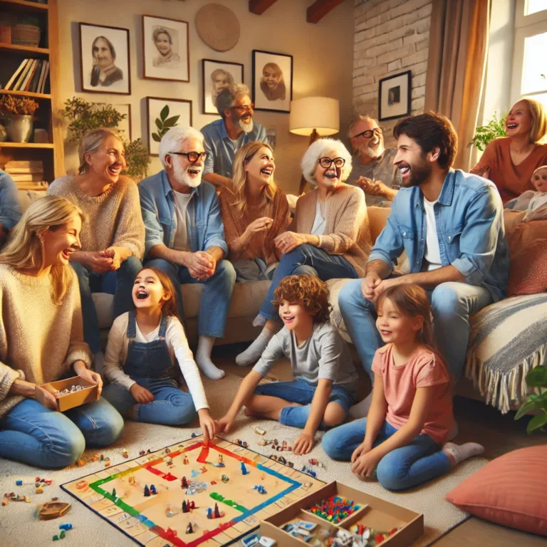 A cozy family gathering in a living room with family members of all ages laughing and playing games together, surrounded by warm decor and board games.