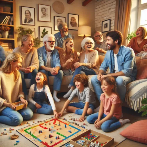 A cozy family gathering in a living room with family members of all ages laughing and playing games together, surrounded by warm decor and board games.