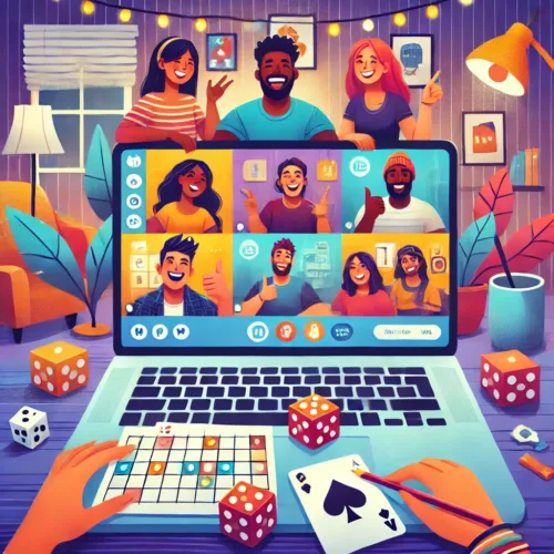 A lively illustration of friends and family enjoying a virtual game night, featuring diverse characters laughing and playing games on laptops and phones. The scene is cozy and cheerful, showcasing the joy of connecting online.