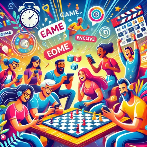 An animated scene of friends and family engaging in competitive mobile gaming. The group is smiling and cheering while playing on their devices, surrounded by vibrant game icons, word puzzles, and timers in a cozy, fun-filled setting.