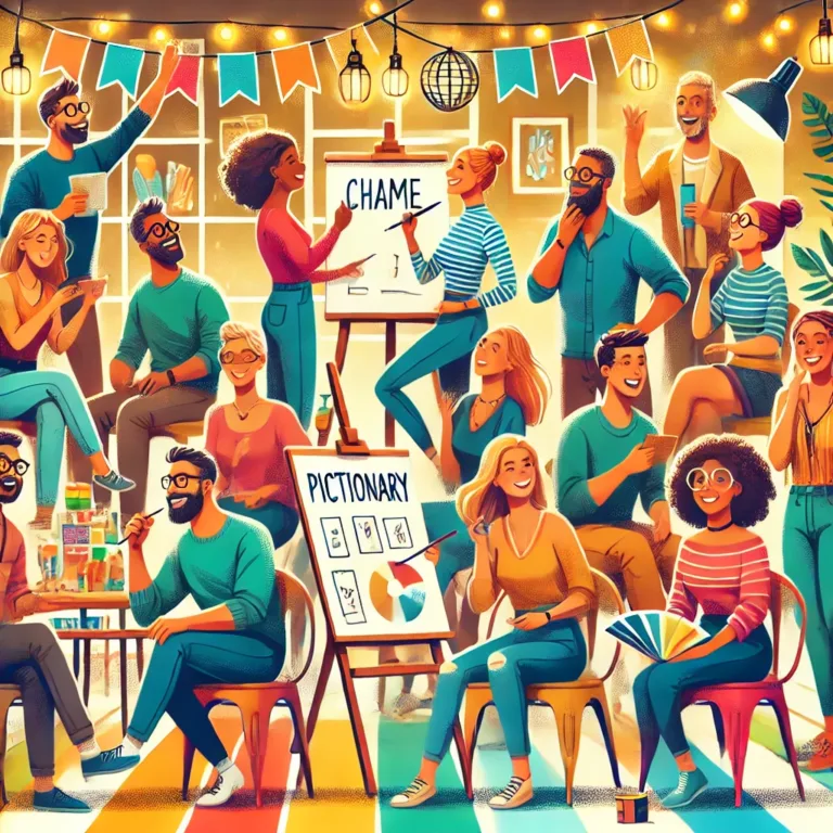 An illustration of friends and family playing Kozyclan games like charades, Pictionary, and riddles, showcasing laughter, creativity, and connection.