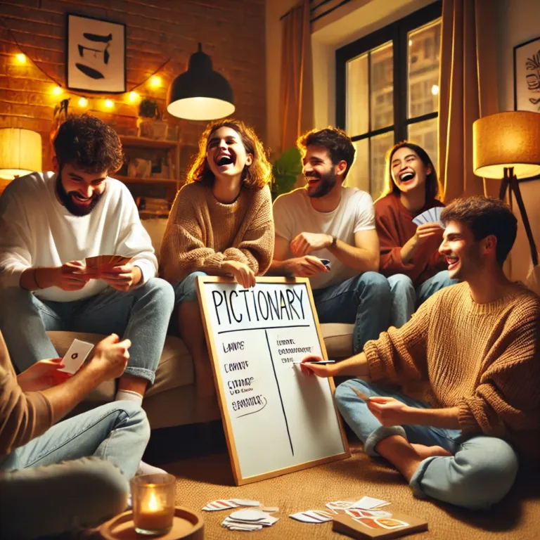 Diverse group of friends playing games in a cozy living room, with one sketching on a whiteboard and others laughing and engaging with cards.