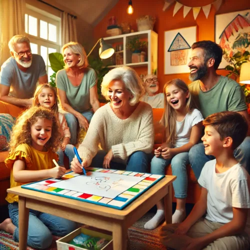 A multigenerational family in a cozy living room playing Pictionary, with a grandmother sketching and children and parents laughing together.